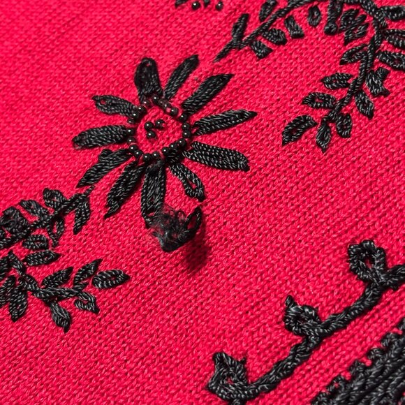Kathie Lee Red Black Embroidered Cardigan L Ramie Cotton Vintage Grandmacore - Picture 9 of 16